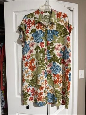 Espresso Tropical Floral Button-Down Midi Dress in Blue, Green, Orange